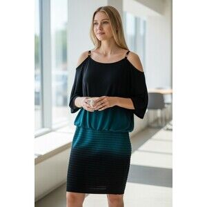 Xscape Cold Shoulder Cocktail Dress Goldtone Shoulder Straps Black Cyan Sz 8 EUC